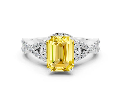 White gold Emerald Cut Yellow Sapphire Halo Twist Band Solitaire Prong Setting Ring_24