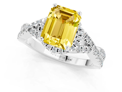 White gold Emerald Cut Yellow Sapphire Halo Twist Band Solitaire Prong Setting Ring_25