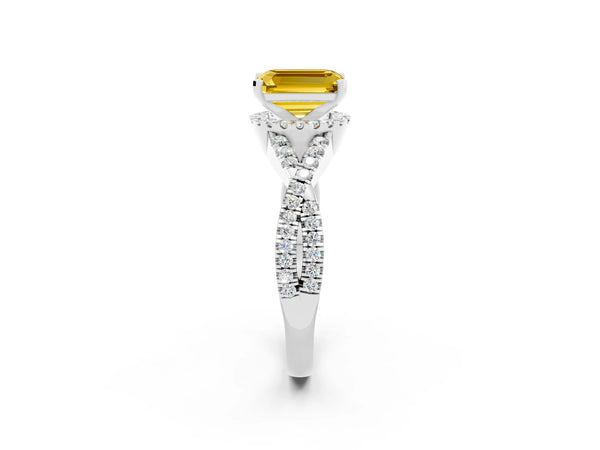 Platinum Emerald Cut Yellow Sapphire  Halo Twist Band Solitaire Prong Setting Ring
