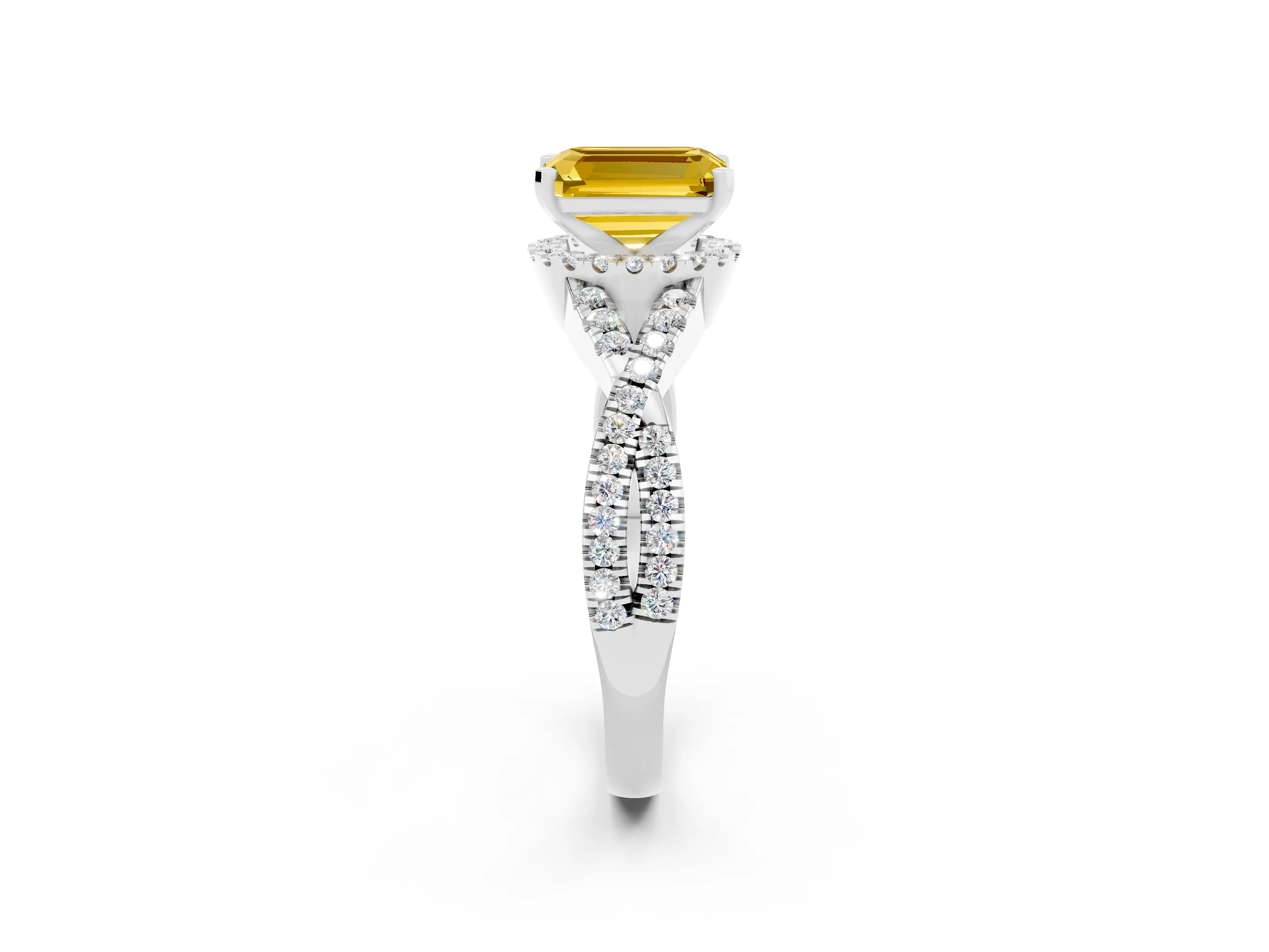 White gold Emerald Cut Yellow Sapphire Halo Twist Band Solitaire Prong Setting Ring_26