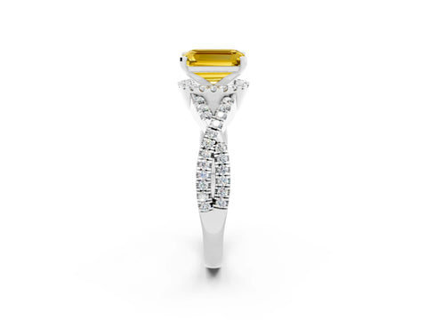 White gold Emerald Cut Yellow Sapphire Halo Twist Band Solitaire Prong Setting Ring_26