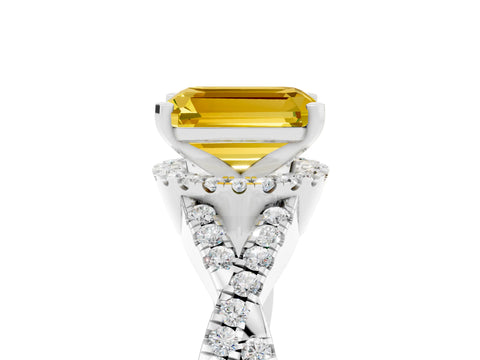 White gold Emerald Cut Yellow Sapphire Halo Twist Band Solitaire Prong Setting Ring_29