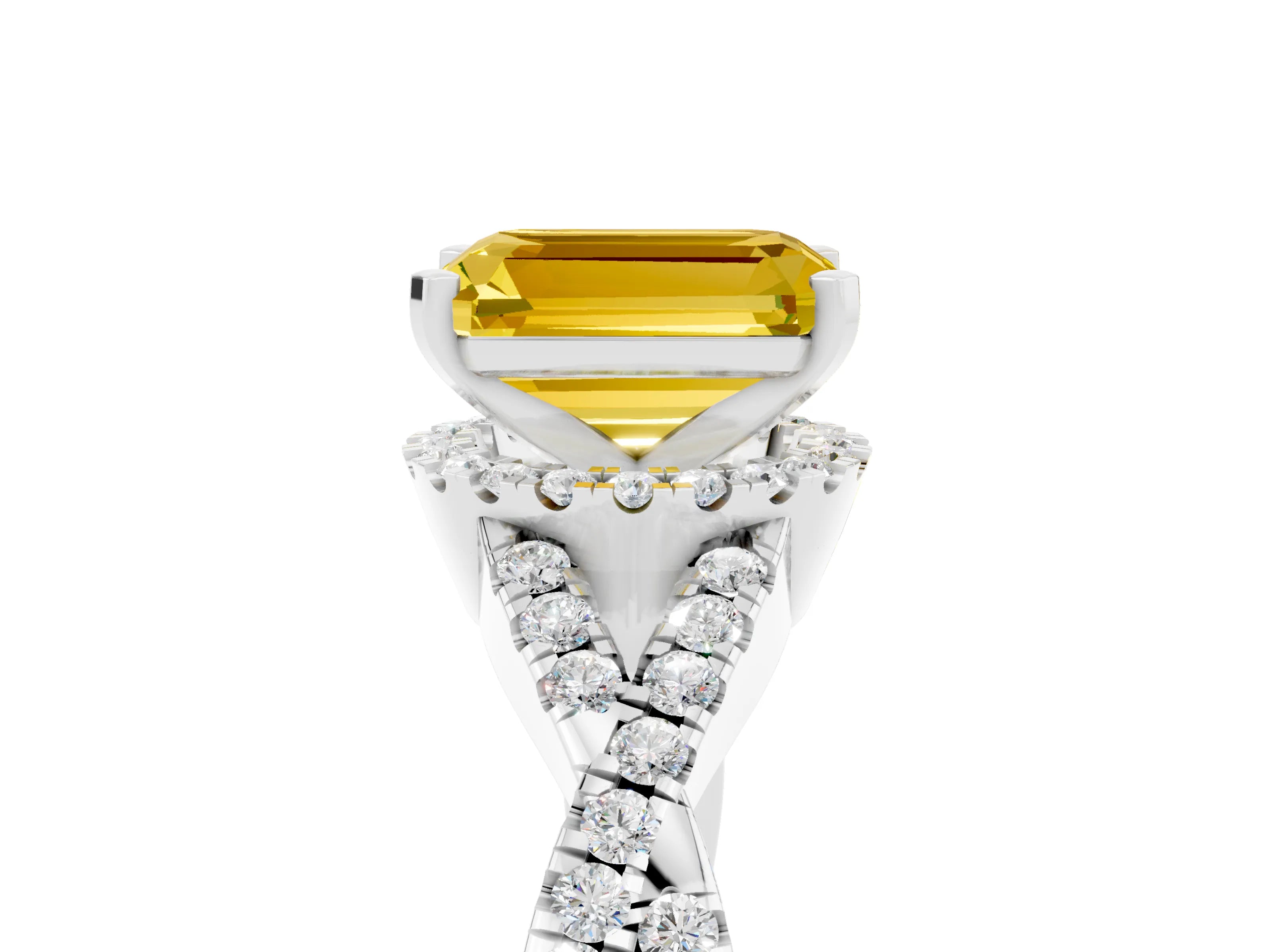 White gold Emerald Cut Yellow Sapphire Halo Twist Band Solitaire Prong Setting Ring_29