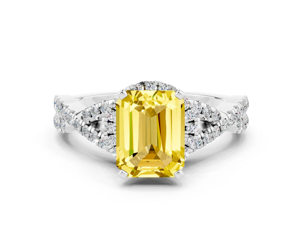 White gold Emerald Cut Yellow Sapphire  Halo Twist Band Solitaire Prong Setting Ring