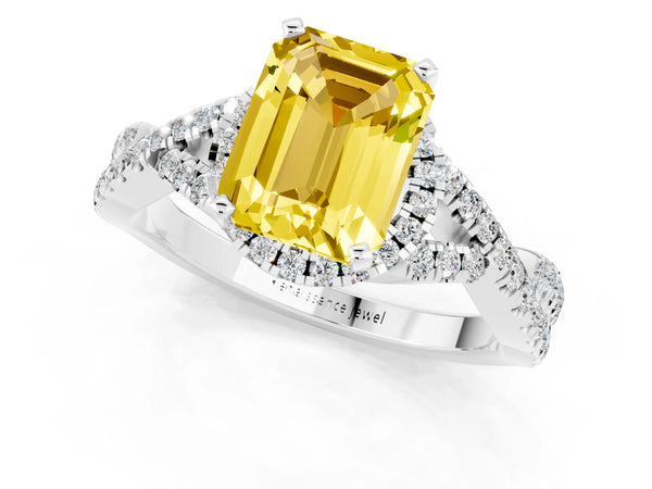 White gold Emerald Cut Yellow Sapphire  Halo Twist Band Solitaire Prong Setting Ring