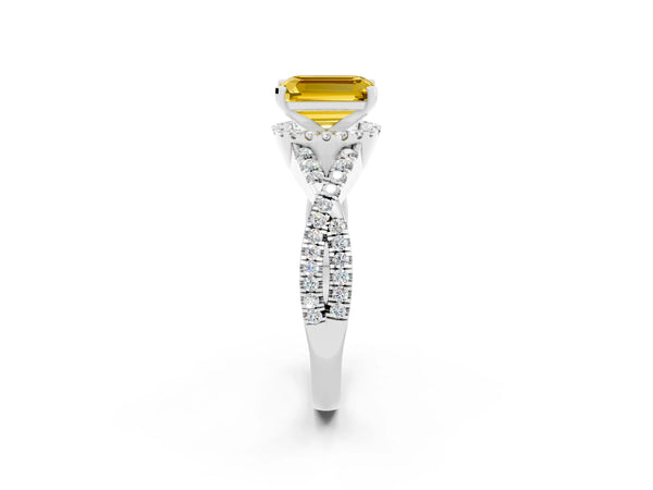 White gold Emerald Cut Yellow Sapphire  Halo Twist Band Solitaire Prong Setting Ring