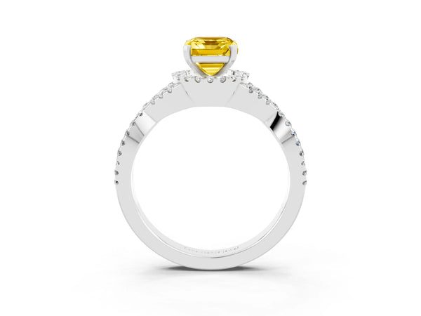 White gold Emerald Cut Yellow Sapphire  Halo Twist Band Solitaire Prong Setting Ring