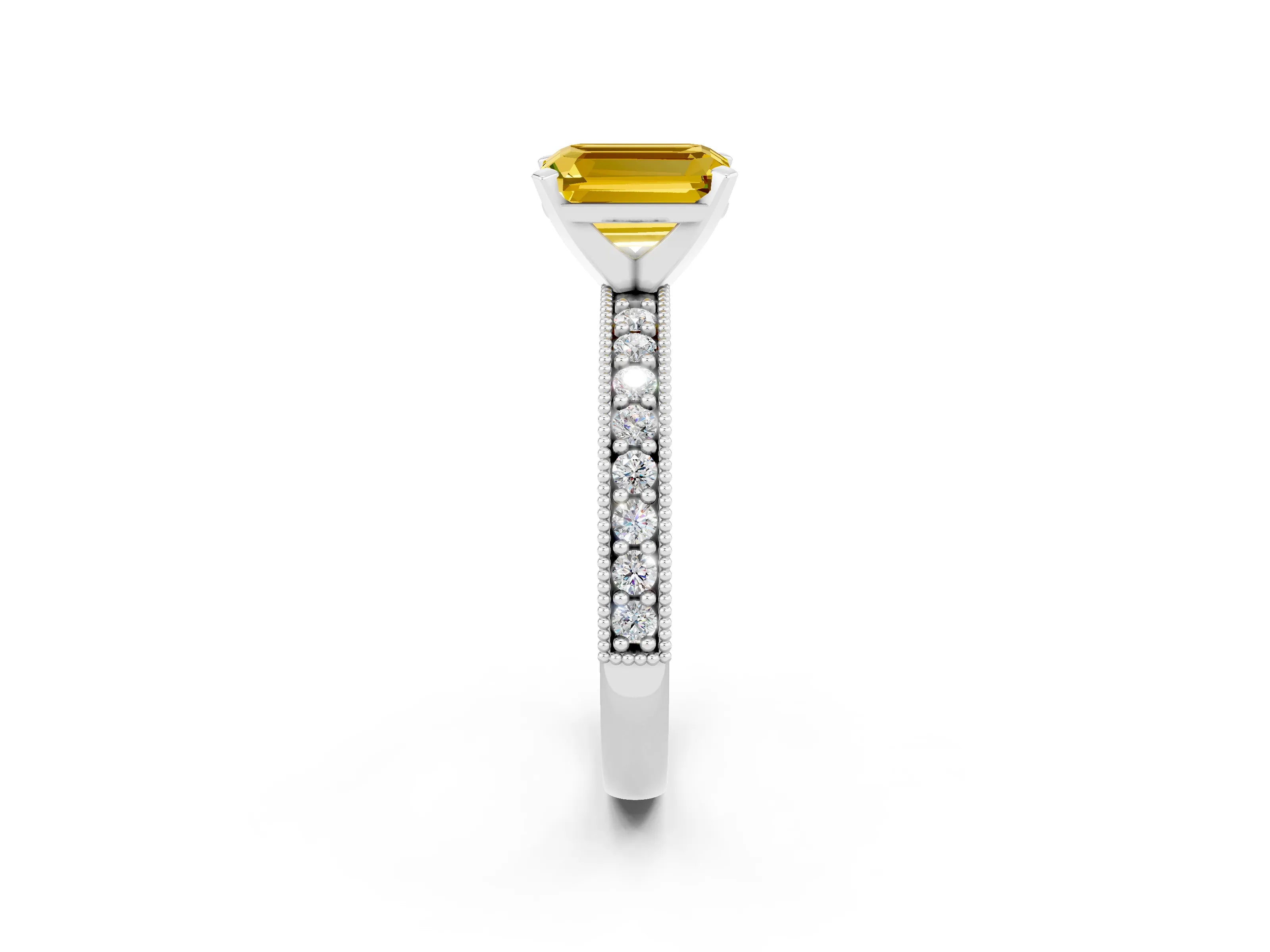 White gold Emerald Cut Yellow Sapphire Milgrain Pavé Engagement Ring with Four-Prong Setting_38