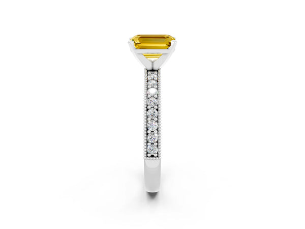 Platinum Emerald Cut Yellow Sapphire Milgrain Pavé Engagement Ring with Four-Prong Setting