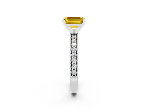 White gold Emerald Cut Yellow Sapphire Milgrain Pavé Engagement Ring with Four-Prong Setting_38