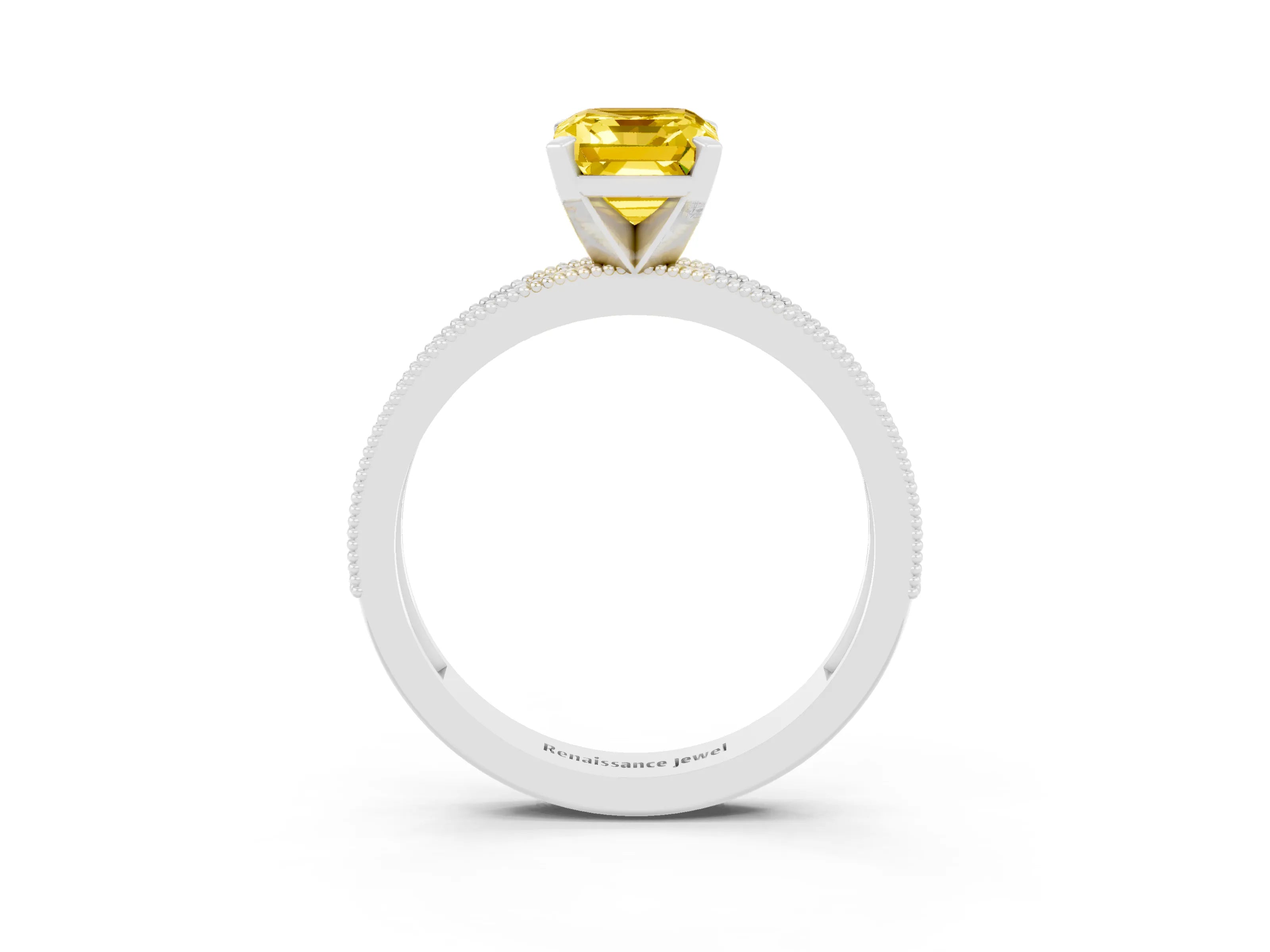 White gold Emerald Cut Yellow Sapphire Milgrain Pavé Engagement Ring with Four-Prong Setting_39