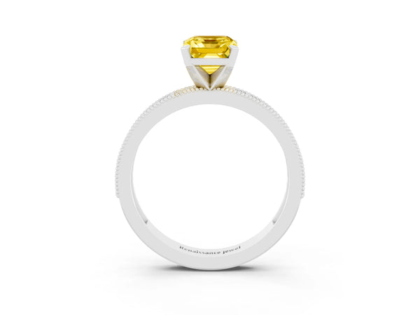 White gold Emerald Cut Yellow Sapphire Milgrain Pavé Engagement Ring with Four-Prong Setting