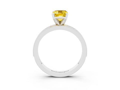 White gold Emerald Cut Yellow Sapphire Milgrain Pavé Engagement Ring with Four-Prong Setting_39