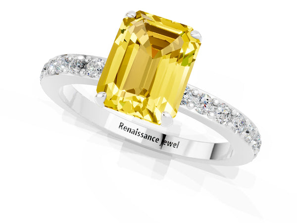 Platinum Emerald Cut Yellow Sapphire Pavé Engagement Ring with Round  Accents and Prong Setting
