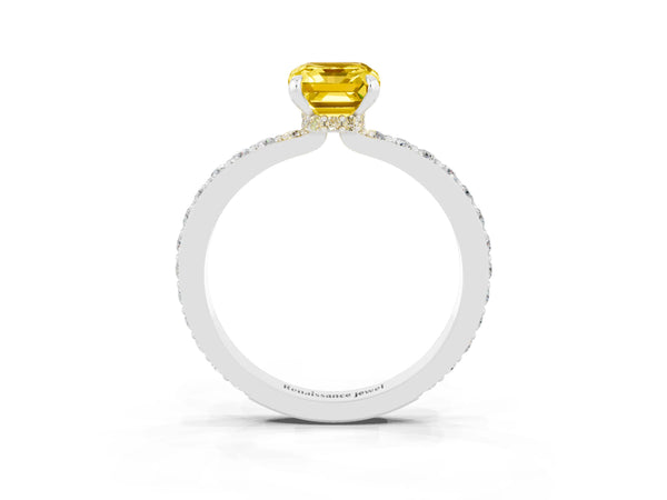 Platinum Emerald Cut Yellow Sapphire Pavé Engagement Ring with Round  Accents and Prong Setting