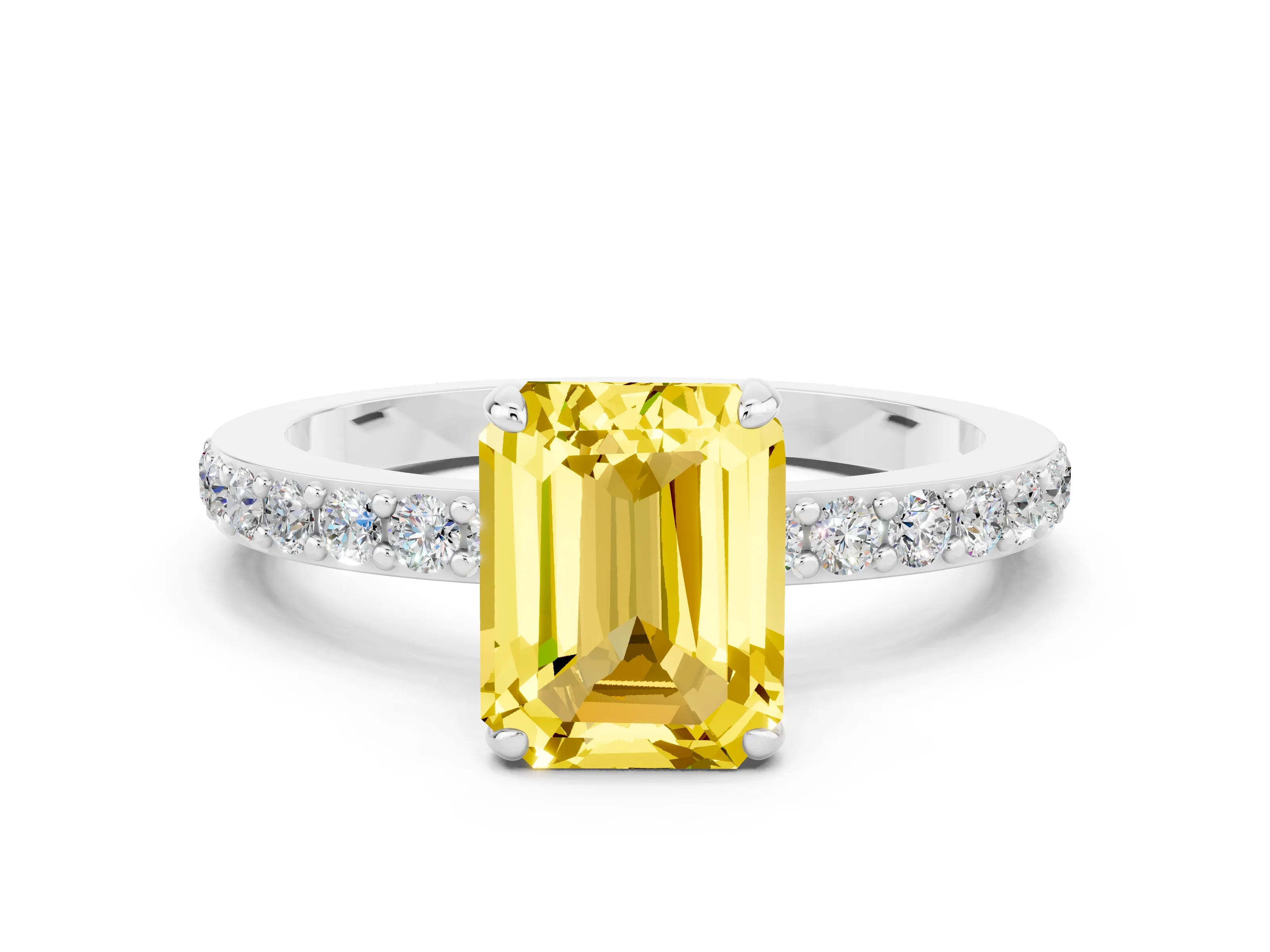 White gold Emerald Cut Yellow Sapphire Pavé Engagement Ring with Round  Accents and Prong Setting_48