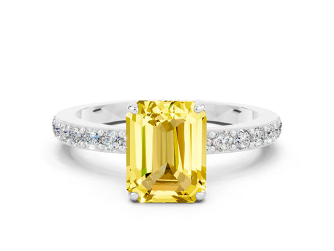 White gold Emerald Cut Yellow Sapphire Pavé Engagement Ring with Round  Accents and Prong Setting_48
