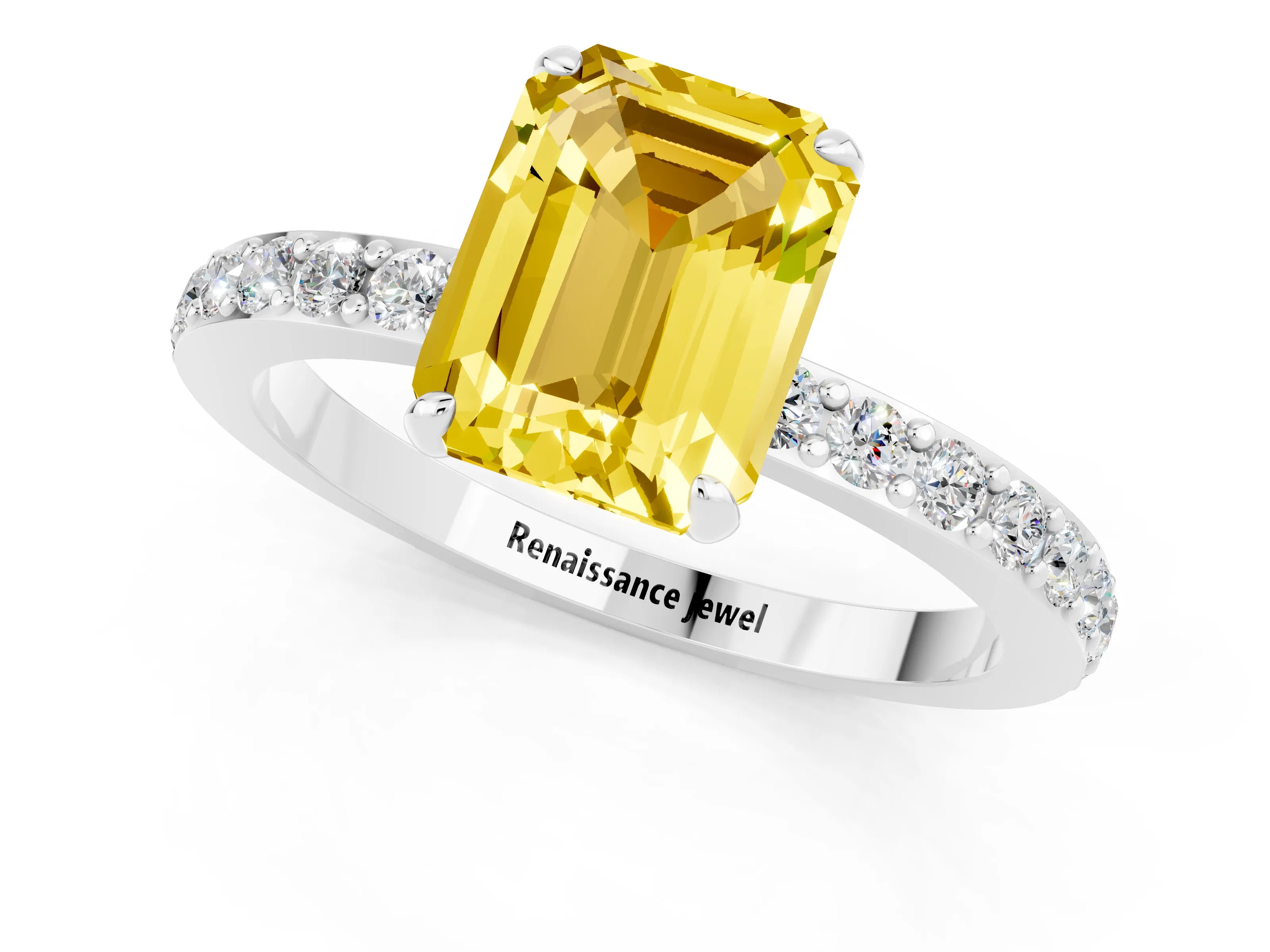White gold Emerald Cut Yellow Sapphire Pavé Engagement Ring with Round  Accents and Prong Setting_49