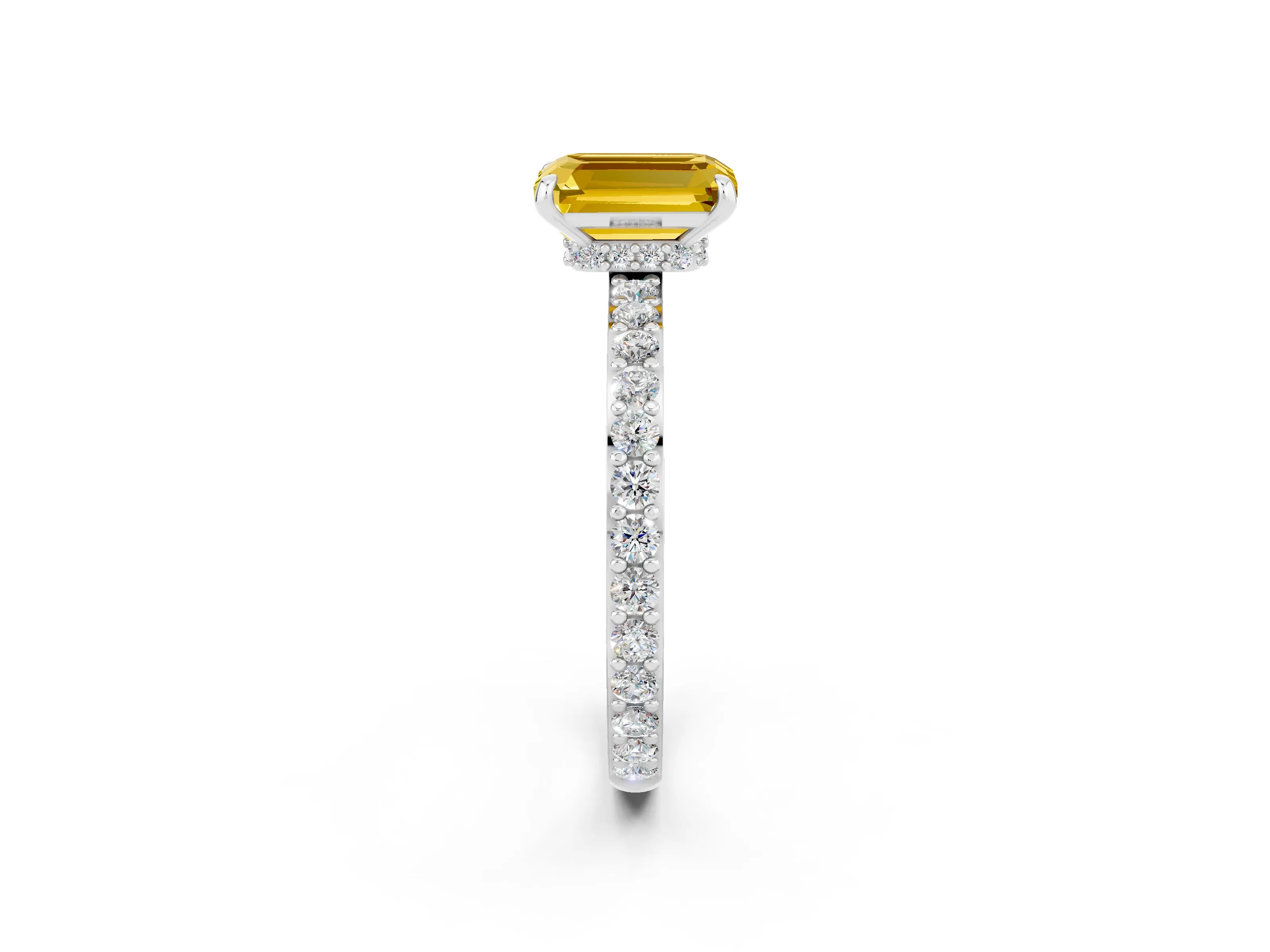 White gold Emerald Cut Yellow Sapphire Pavé Engagement Ring with Round  Accents and Prong Setting_50