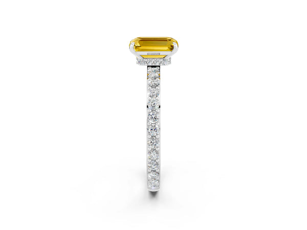 White gold Emerald Cut Yellow Sapphire Pavé Engagement Ring with Round  Accents and Prong Setting