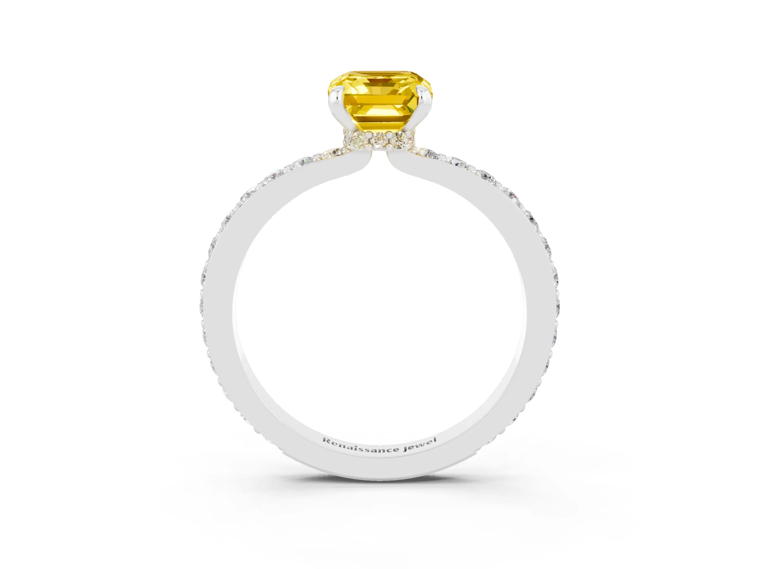 White gold Emerald Cut Yellow Sapphire Pavé Engagement Ring with Round  Accents and Prong Setting_51