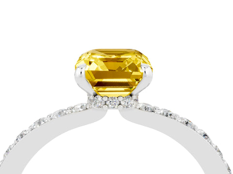 White gold Emerald Cut Yellow Sapphire Pavé Engagement Ring with Round  Accents and Prong Setting_52
