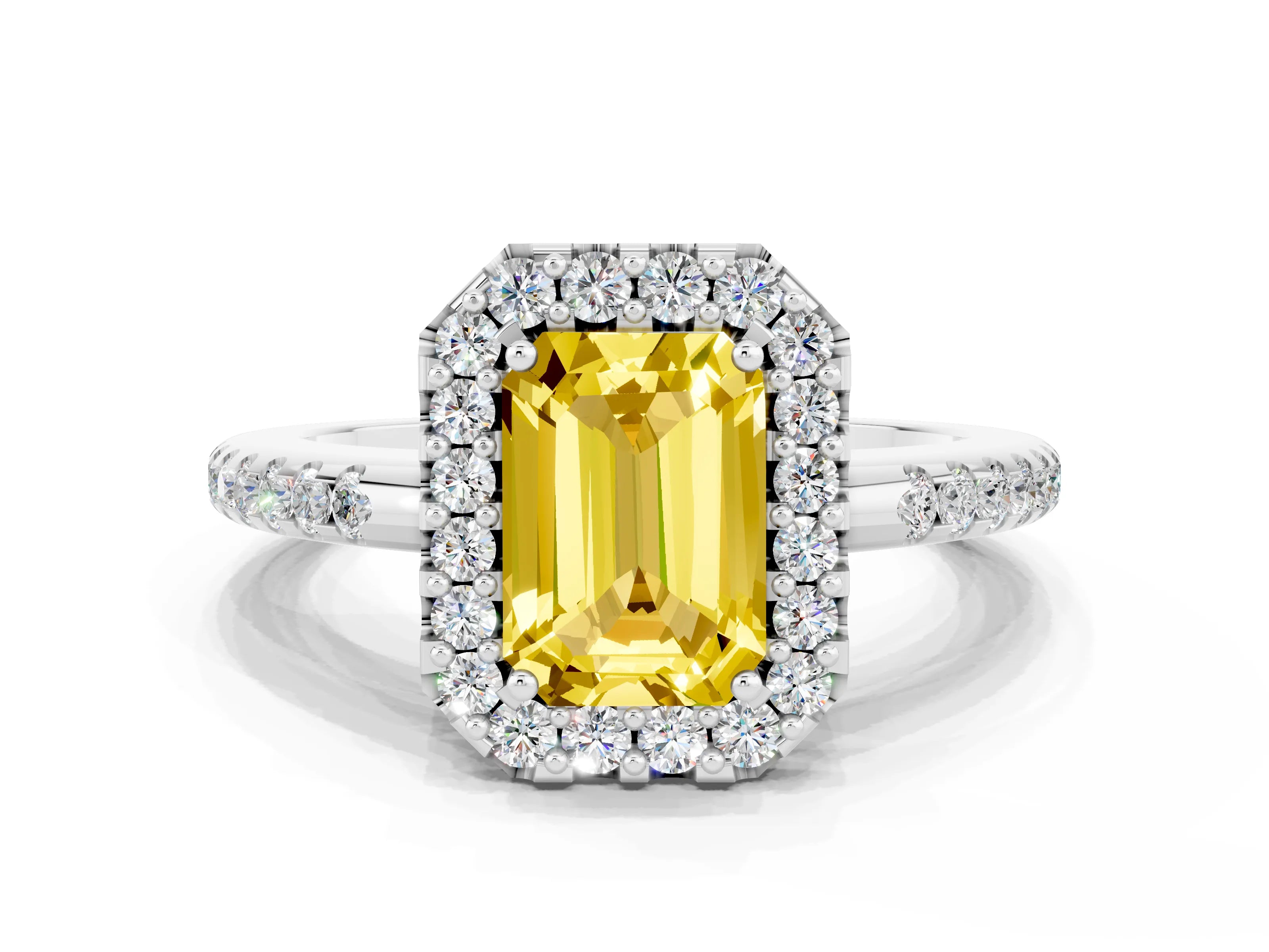 White gold Emerald Cut Yellow Sapphire Pavé Halo Ring with Four-Prong Setting_12