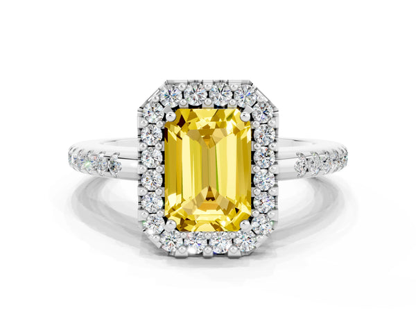 Platinum Emerald Cut Yellow Sapphire Pavé Halo Ring with Four-Prong Setting