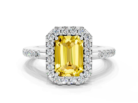 White gold Emerald Cut Yellow Sapphire Pavé Halo Ring with Four-Prong Setting_12