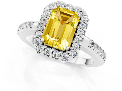 White gold Emerald Cut Yellow Sapphire Pavé Halo Ring with Four-Prong Setting_13
