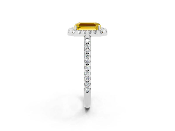 Platinum Emerald Cut Yellow Sapphire Pavé Halo Ring with Four-Prong Setting