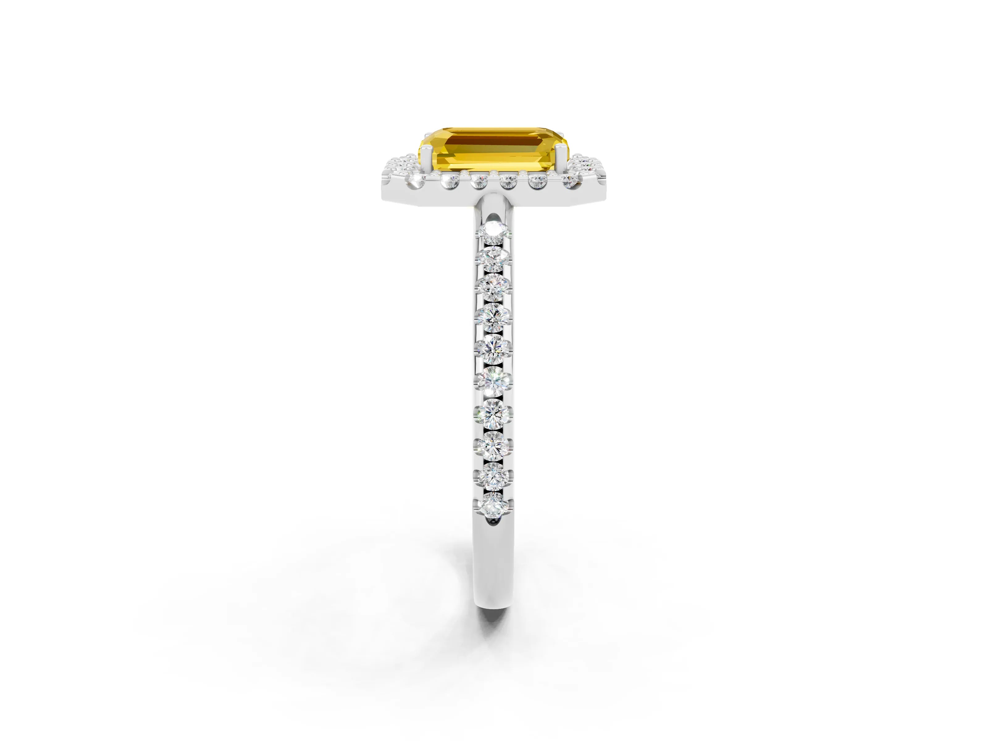 White gold Emerald Cut Yellow Sapphire Pavé Halo Ring with Four-Prong Setting_14