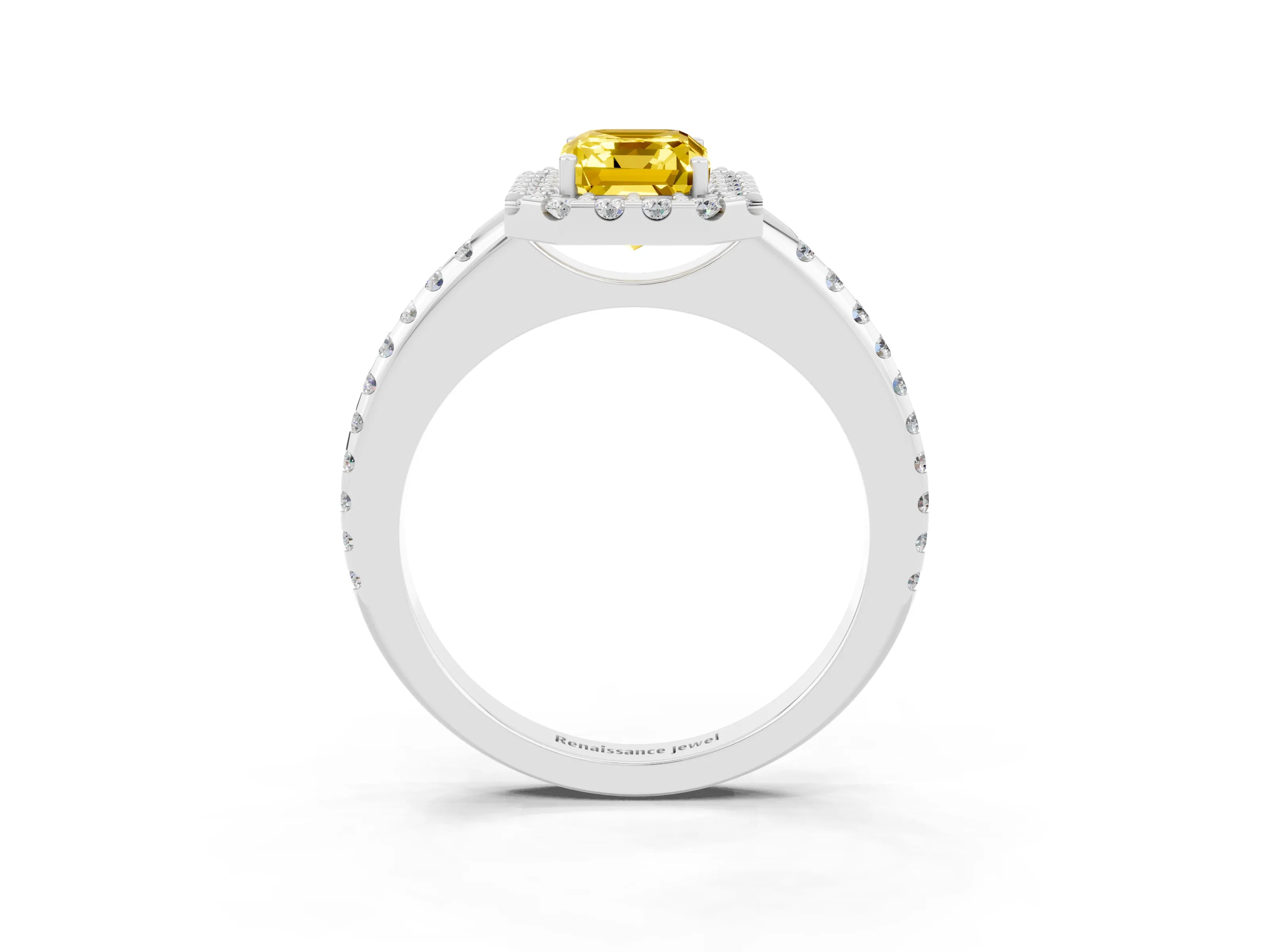 White gold Emerald Cut Yellow Sapphire Pavé Halo Ring with Four-Prong Setting_15