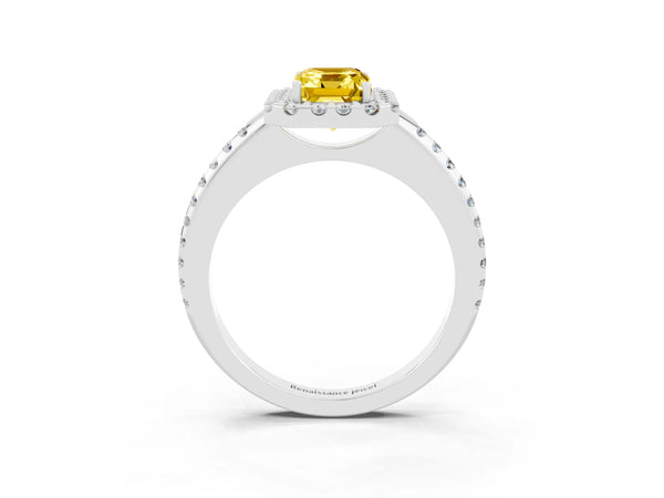 Silver Emerald Cut Yellow Sapphire Pavé Halo Ring with Four-Prong Setting