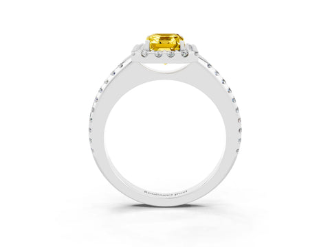 White gold Emerald Cut Yellow Sapphire Pavé Halo Ring with Four-Prong Setting_15