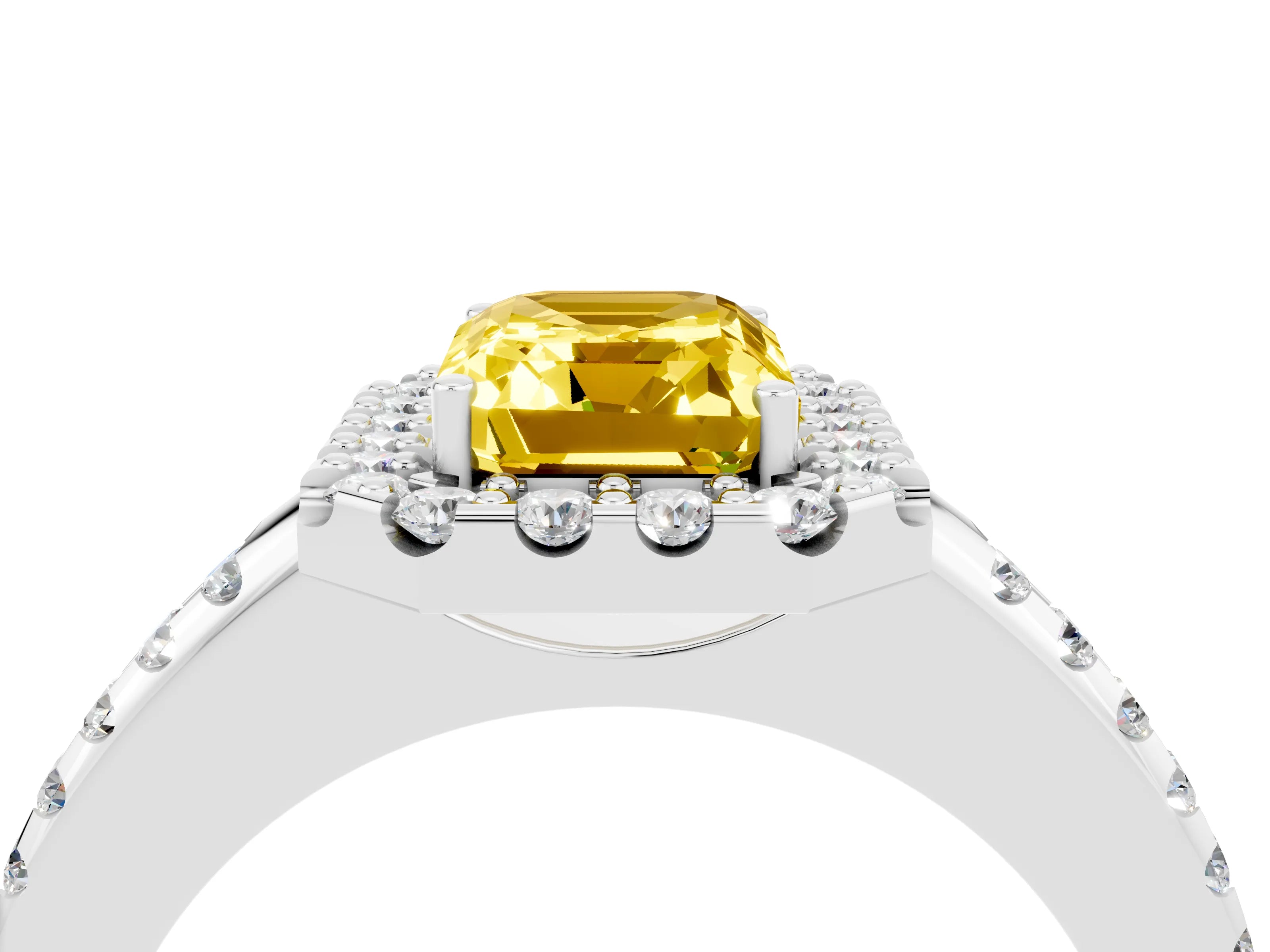 White gold Emerald Cut Yellow Sapphire Pavé Halo Ring with Four-Prong Setting_16