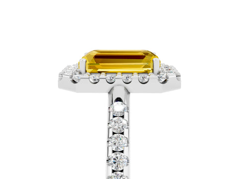 White gold Emerald Cut Yellow Sapphire Pavé Halo Ring with Four-Prong Setting_17