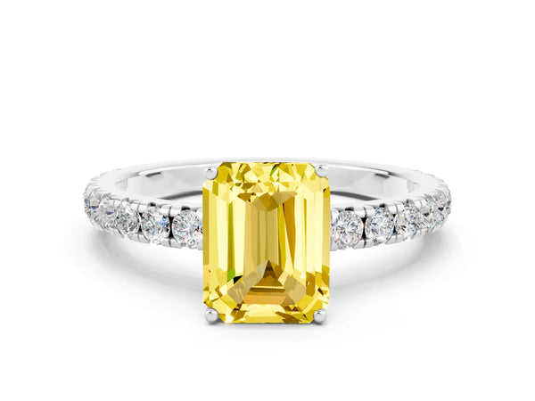 Platinum Emerald Cut Yellow Sapphire Pavé Solitaire Engagement Ring with Four-Prong Setting