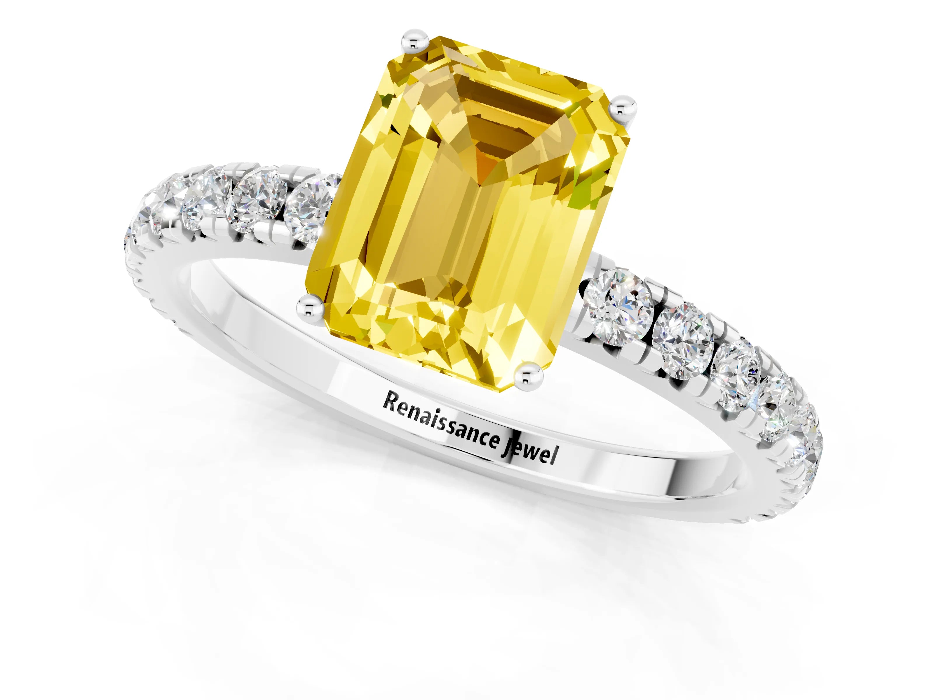 White gold Emerald Cut Yellow Sapphire Pavé Solitaire Engagement Ring with Four-Prong Setting_13