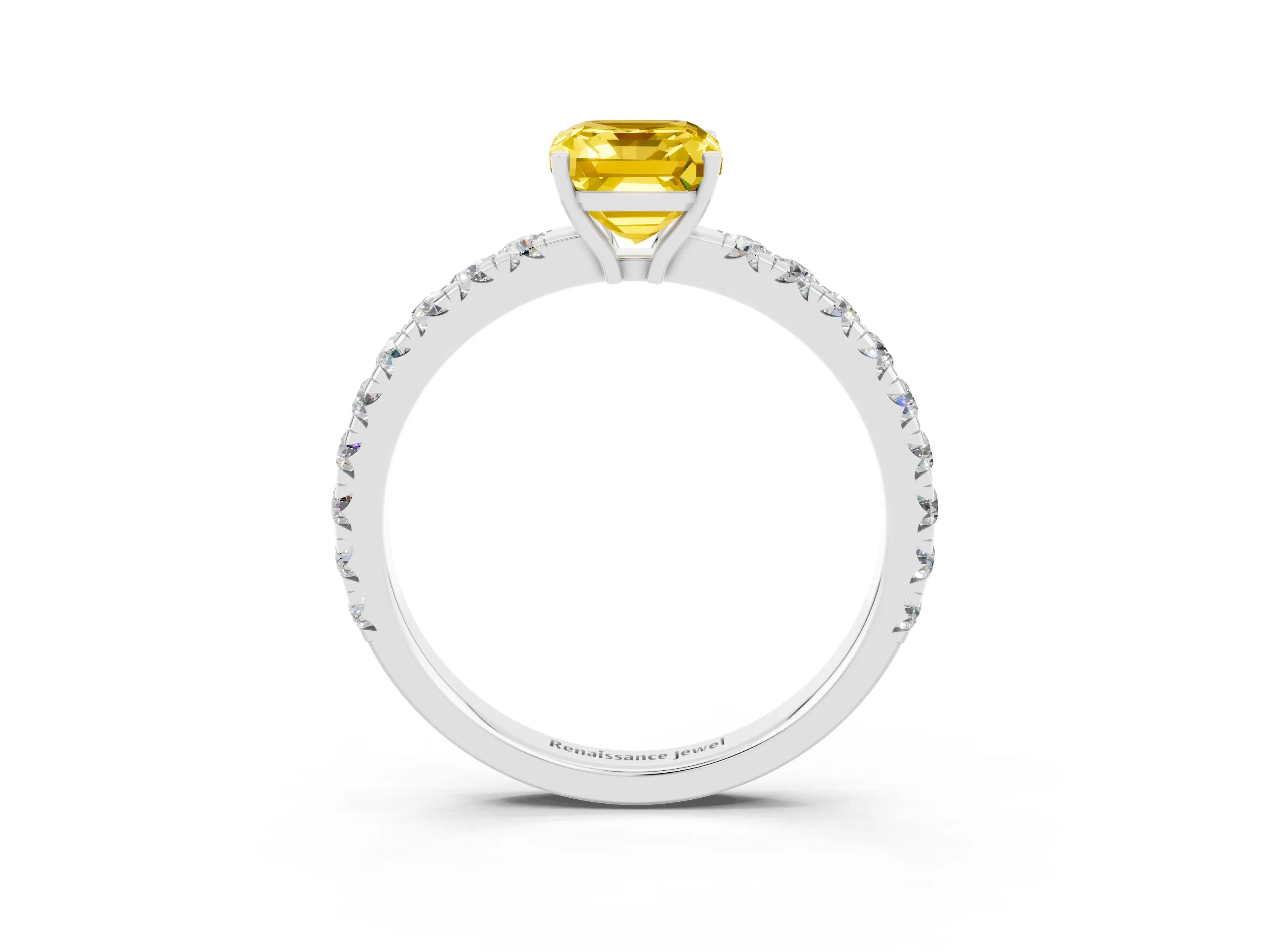 White gold Emerald Cut Yellow Sapphire Pavé Solitaire Engagement Ring with Four-Prong Setting_15