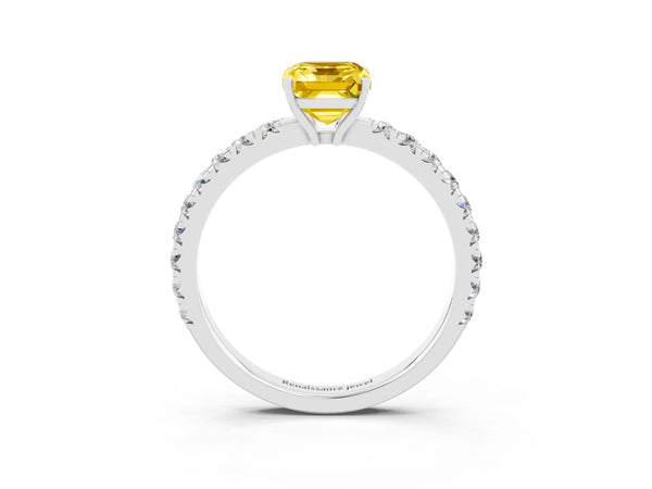 Platinum Emerald Cut Yellow Sapphire Pavé Solitaire Engagement Ring with Four-Prong Setting