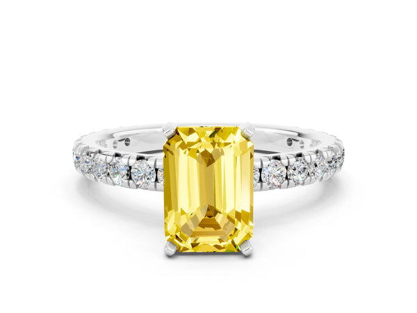 Silver Emerald Cut Yellow Sapphire Pavé Solitaire Ring with Round Band and Prong Setting