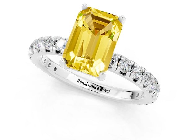 Platinum Emerald Cut Yellow Sapphire Pavé Solitaire Ring with Round Band and Prong Setting