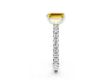 White gold Emerald Cut Yellow Sapphire Pavé Solitaire Ring with Round Band and Prong Setting_14