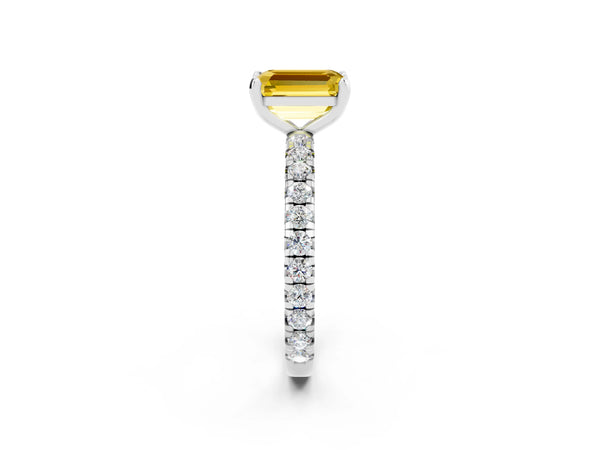 Platinum Emerald Cut Yellow Sapphire Pavé Solitaire Ring with Round Band and Prong Setting