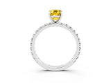 White gold Emerald Cut Yellow Sapphire Pavé Solitaire Ring with Round Band and Prong Setting_15