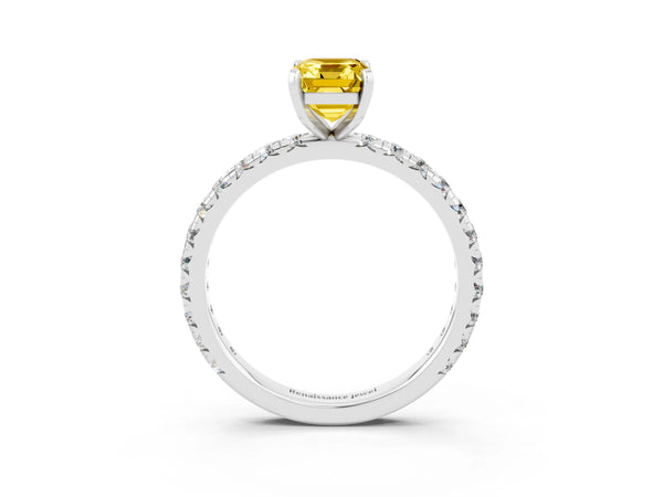 White gold Emerald Cut Yellow Sapphire Pavé Solitaire Ring with Round Band and Prong Setting