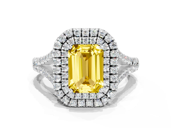 Platinum Emerald Cut Yellow Sapphire Pavé Split Shank Double Halo Engagement Ring