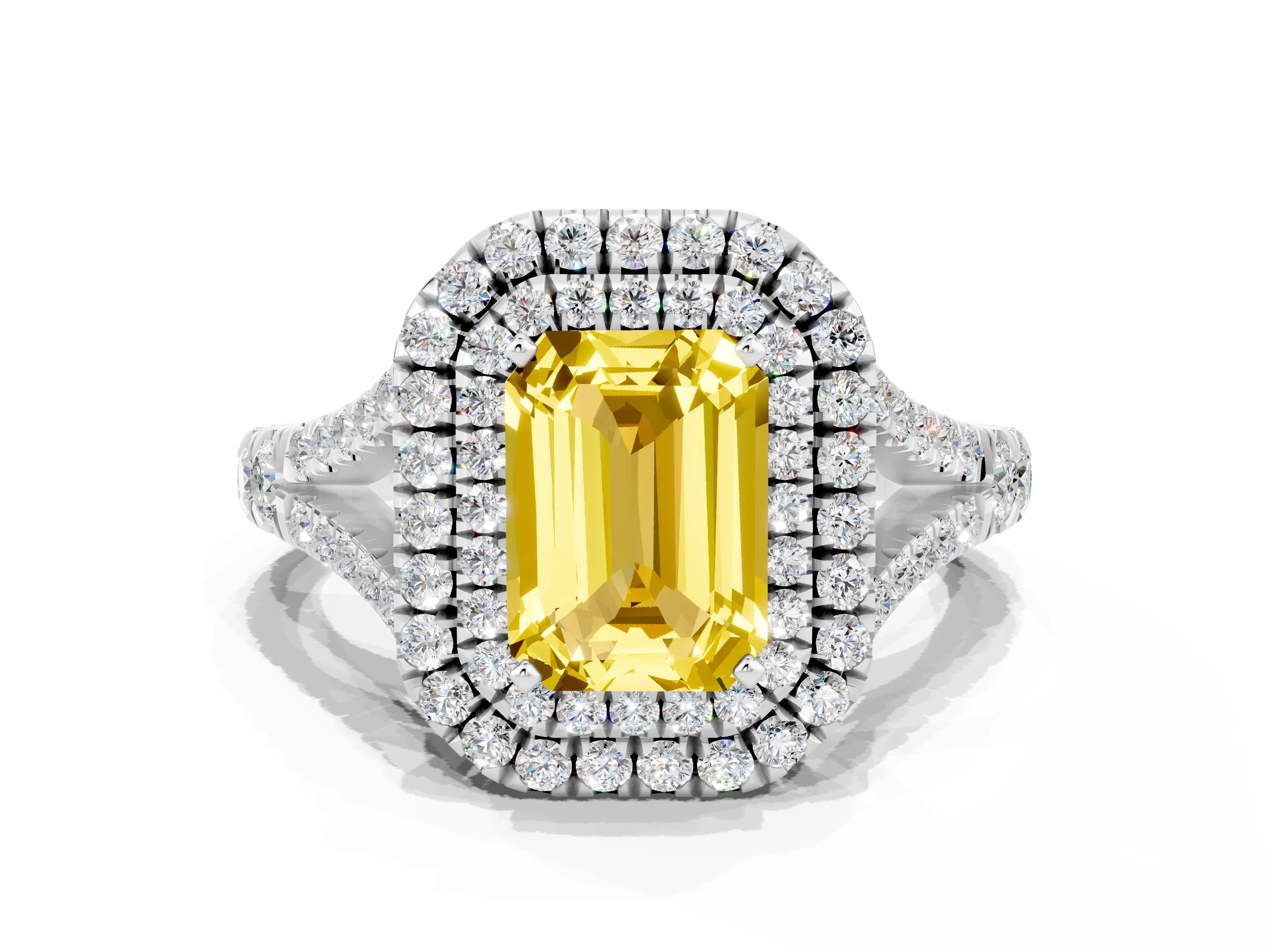 White gold Emerald Cut Yellow Sapphire Pavé Split Shank Double Halo Engagement Ring_24