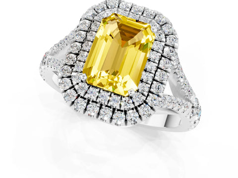 White gold Emerald Cut Yellow Sapphire Pavé Split Shank Double Halo Engagement Ring_25